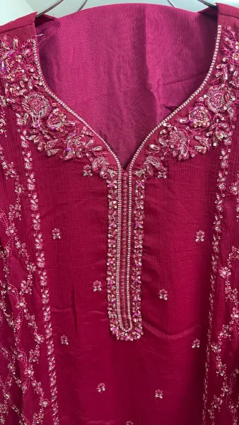 Pakistani Orginal Rangoon Chiffon Stitched 3 Pcs _ Megenta Pink 
